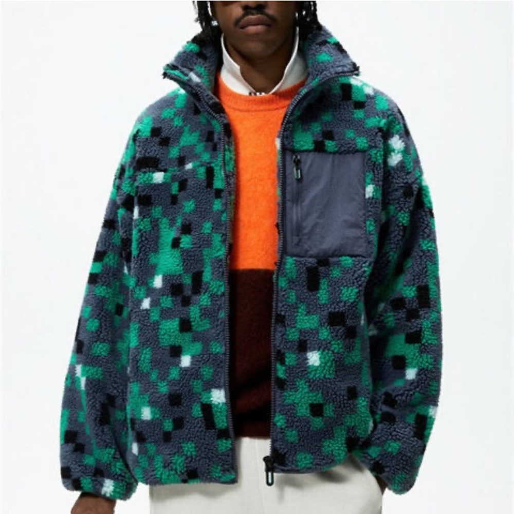 Zara Men's Green abstract Patterned Fleece Bomber Jacket
